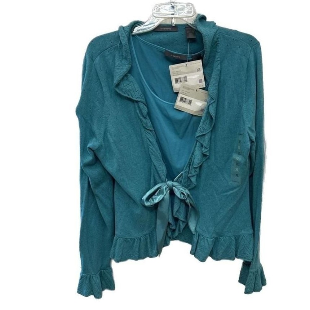 Liz Claiborne Womens XL Teal Pointelle Ruffle Cardigan Camisole Twin Set NWT